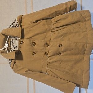 Tahari Tan Double-Breasted Coat with Leopard Lining